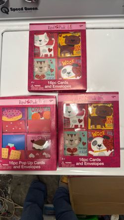 Cat dog and sweet things pop up cards and envelopes for valentine’s lunchbox or thank you. Three boxes total new each has 16 pieces.