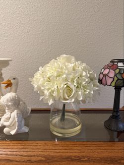 artificial hydrangea flower arrangement glass vase