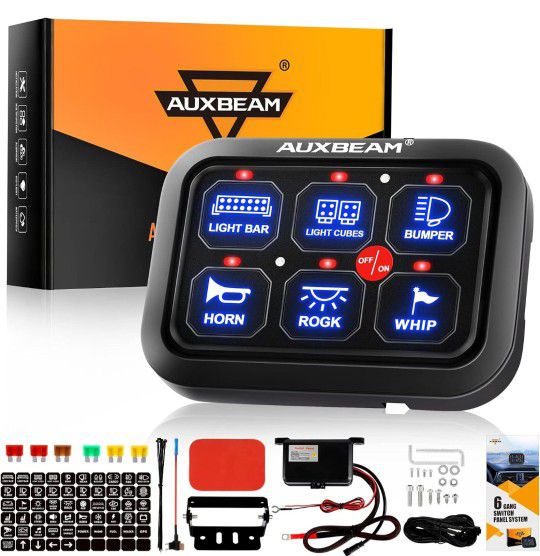 Auxbeam 6 Gang Switch Panel BC60, Universal Circuit Control Relay System Box with Automatic Dimmable On-Off LED Switch Pod Touch Switch Box for Car Pi