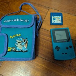 GameBoy Teal With Pokemon Blue Game And Pokemon Bag