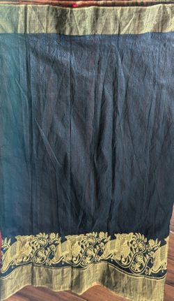 Beautiful Black with Wine Red Color with golden zari Cotton Silk Saree(Half Saree Model) With unstitched attach blouse for $35