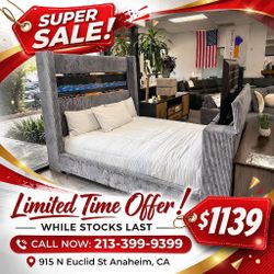 Contemporary Queen Size Bed Frame With TV Lift  // No Heater on Fireplace - Flame Box Display Only