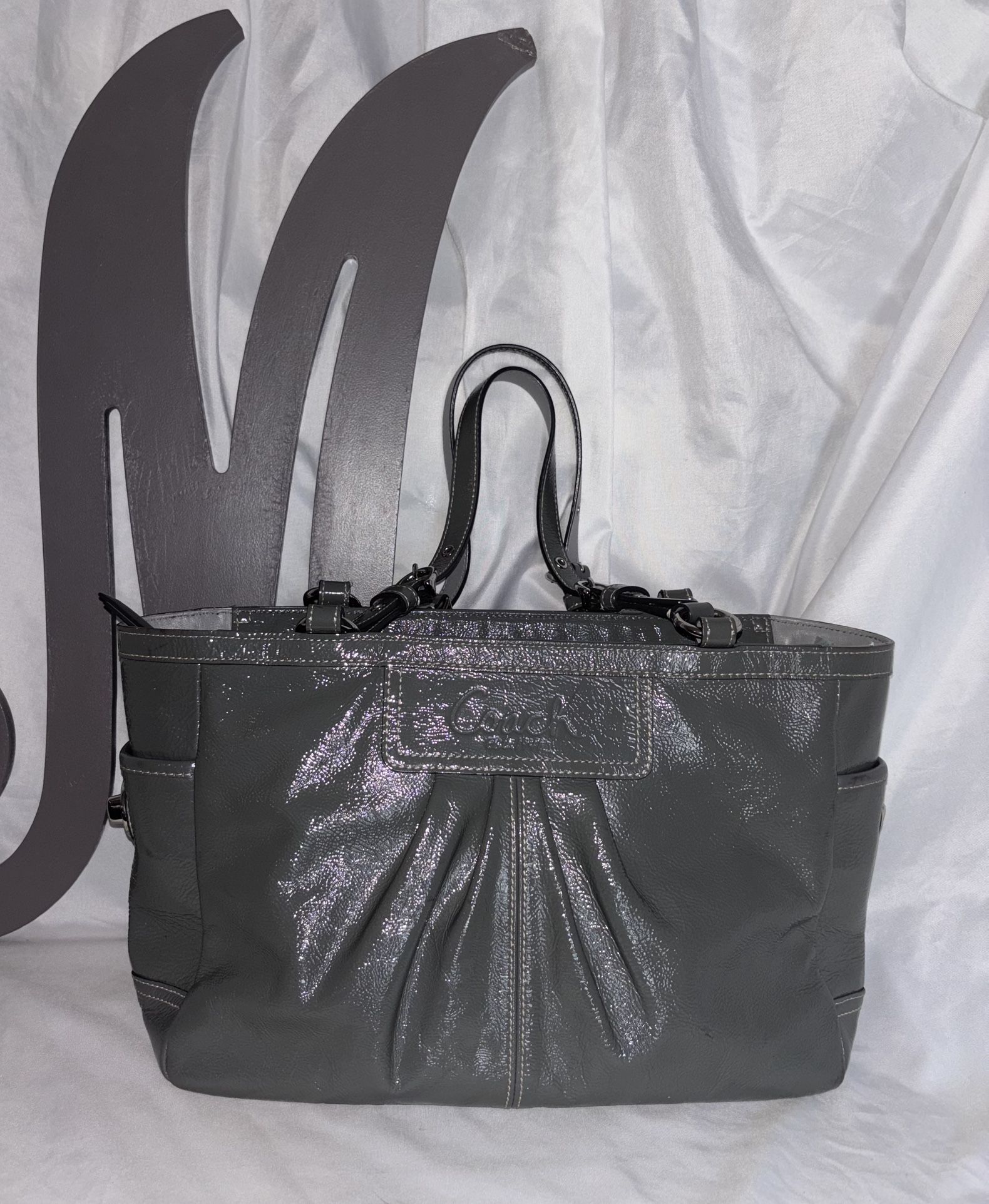 *COACH* Vintage Authentic Gallery Gray Patent Leather Pleated Tote F13761 Purse.