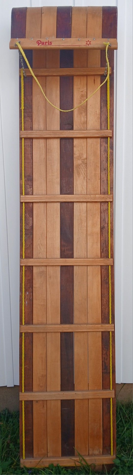 Vintage Paris Wood Wooden 94” 8’ Toboggan Snow Sled Rare Tan Cushion