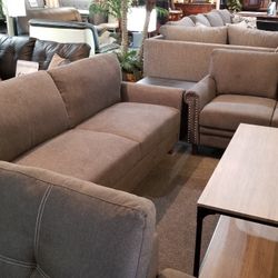 Brand New Dark Gray Linen Studded Sofa + Loveseat 2PCs Set