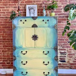 Hand Painted Antique Wooden Dresser With Original Metal Appliqués 