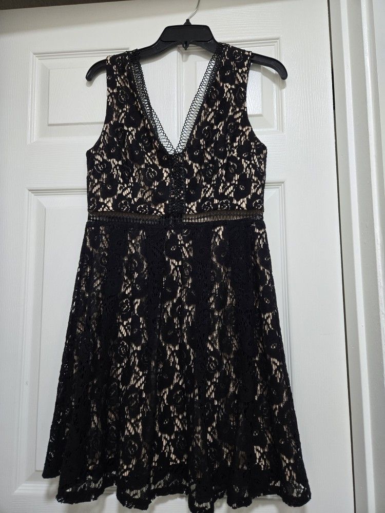 Francesca's Collection Black Lace Zip Up V Neck Dress