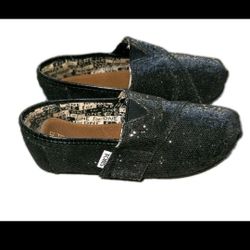 TOMS Girls Shoes Size 8 Classic Black Glitter Sparkly Slide On Bling Flats Dress