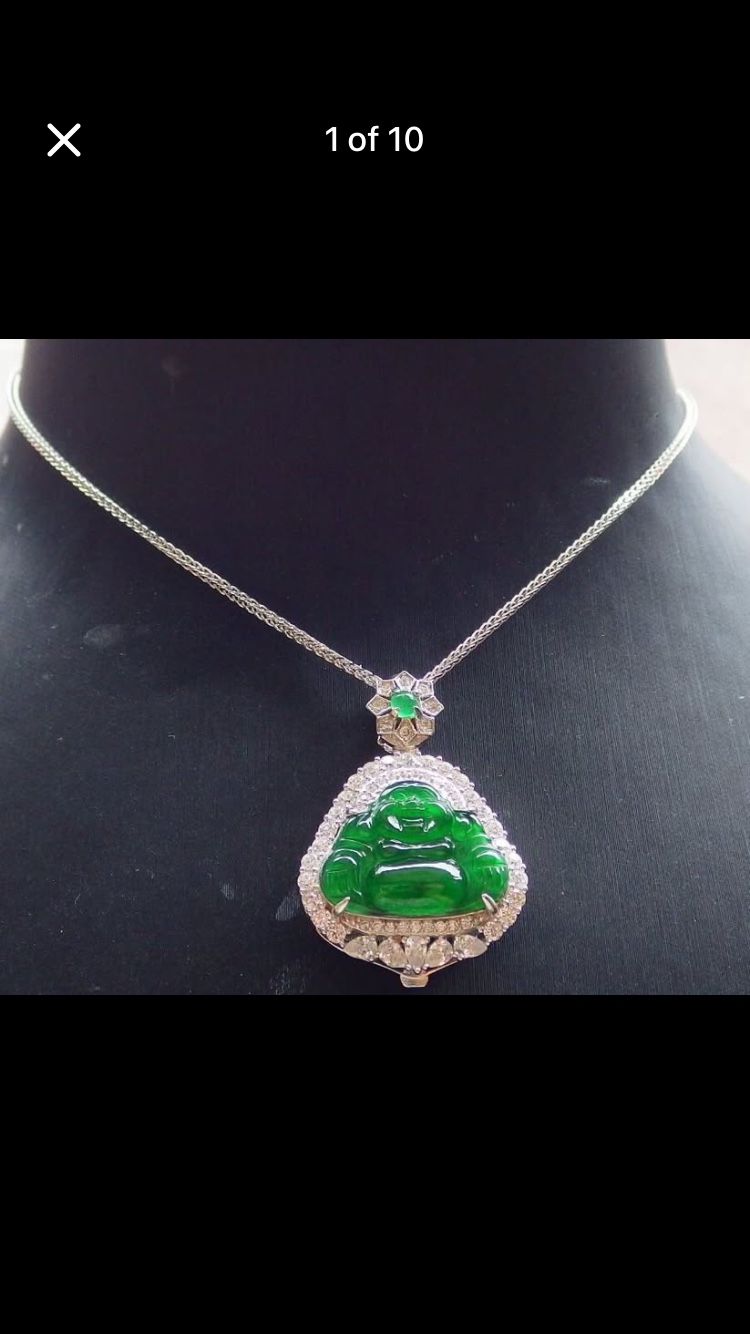 Certificate Sterling Silver 925 Jadeite Jade Hand Carved Grade A Natural Green Buddha pendant
