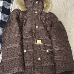 Michael Kors Monogram Puffer Jacket w/ Faux Fur Hood