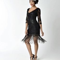 Unique Vintage 1920s Black Beaded & Sequin Margaux Sleeved Fringe Cocktail Dress