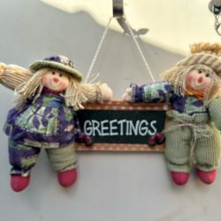 Hanging Boy and Girl Scarecrow Greeting Sign