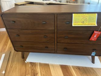 New Mid Century Dresser With Round Corners. Pine Wood / Walnut Finish. 61” X 17” D X 36” High. Free Delivery!