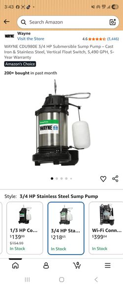 WAYNE CDU980E 3/4 HP Submersible Sump Pump – Cast Iron & Stainless Steel, Vertical Float Switch, 5,490