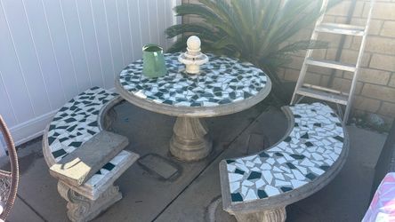 Round Concrete Mosaic Patio Table Set with Curved Benches