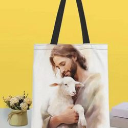Very Beautiful Christian Inspirational Jesus & Lamb Canvas Tote Bag 
