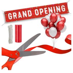 New SIRCLES Grand Opening Ribbon Cutting Ceremony Kit - 25" Giant Scissors, 5yd of 4" Wide Ribbon, 10ft Banner, 8 Red & 8 White Balloons, 19 ft Banner