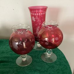 3  Fabulous Vintage Cranberry Glass Vases With Etched Flowers & Ruffled Edges