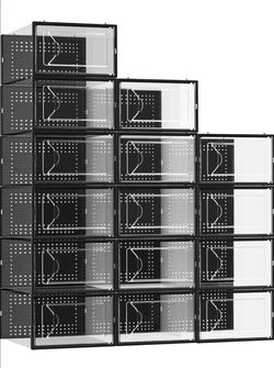 Foluck Shoe Storage Box, 15 Pack Clear Plastic Stackable Shoe Organizer for Closet, Interlocking Design for Sneakers, Foldable Shoes Container Rack wi