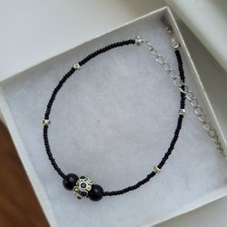 SEED BEAD EBONY BLACK 1 SIZE IMPORTED ONYX SILVER CHARM ANKLET NEW ARTISAN DESIGN