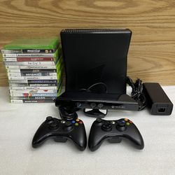 Xbox 360 S Slim Console, 2 Controllers, 16 Games , & Kinect ,TESTED WORKING