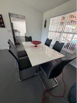 Modern White Dining Table with 6 Gray & Silver Chairs – Elegant Dining Set