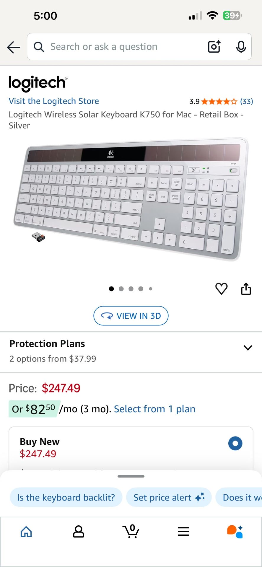 Like New Logitech Wireless Solar Keyboard K750 for Mac