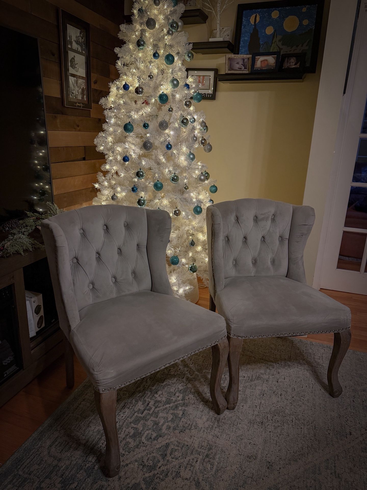 2 Gray Tufted Wingback Chairs with Back Ring Pull – OG $320