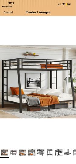 Bellemave Metal Full XL Over Queen bunk Bed, Full XL Over Queen Bunk Bed Frame with Ladder and Safety Guardrails, Space-Saving, Black