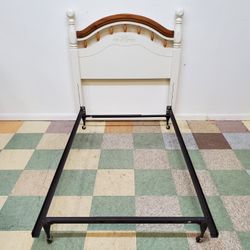 Vintage White Single Size Bed - Headboard With Metal Frame