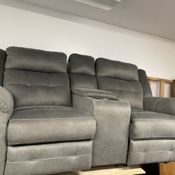 GRAY RECLINING SOFA WITH CONSOLE