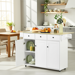 Homy Casa Hugh 45.3" Modern Rolling Kitchen Island Cart with Drop-Leaf Tabletop, White