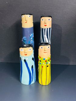 Family Face Bud Vase Folk Art Hand Painted And Carved Whimsical Character lot