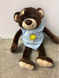 Brown/Beige Plush Teddy Bear w/ Blue Shirt "Get Better Beary Soon" Smiley