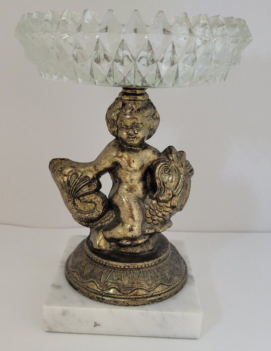 Vintage Brass Cherub On Marble Base Glass Compote Dish