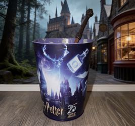 25th anniversary, Harry Potter, popcorn, bucket, and wand