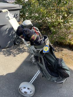 Golf clubs, bag, travel bag and folding cart