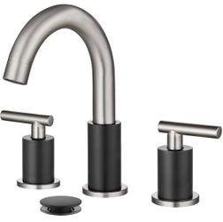 3 Hole 2 Handles Lavatory Basin Bathroom Sink Faucet with Pop Up Drain with Hot and Cold Mixer Valves 8 Inch Widespread Bathroom Faucet Black & Brushe