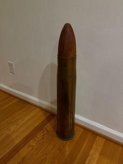 Inert Vintage 105mm M14 Brass Artillery Shell Casing w/ Wooden Projectile Display