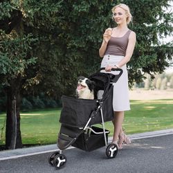 Foldable Pet Stroller, Cat/Dog Stroller with 3 Wheel, Pet Strolling Cart, Dog Travel Carrier with Storage Basket + Cup Holder, Black