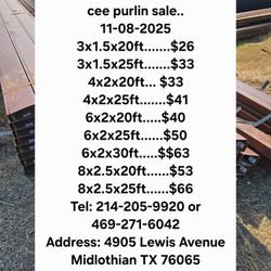 New  3x1.5x20ft  Cee Purlins 