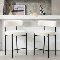 24'' Boucle Counter Stools Set of 2,White Bar Stools with Backs,Counter Height Bar Stools for Kitchen Island/Kitchen Counter,Upholstered Counter Chair