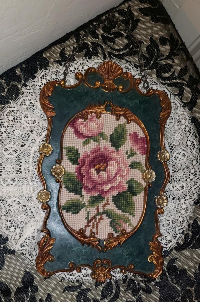 VINTAGE ORNATE METAL CHAIN GOLD DAMASK FRAME FLORAL FLOWER PINK ROSE EMBROIDERED EMBROIDERY CROSS STITCH PICTURE ART PLAQUE DECOR