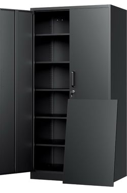 Metal Storage Cabinet with Lock - 72" Garage Storage Cabinet with 2 Locking Doors and 5 Adjustable Shelves, Black Steel Lockable for Office,Home,Garag