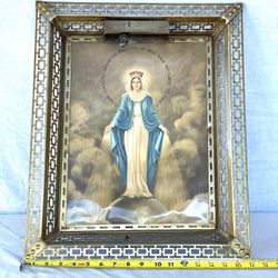Antique Brass Lighted 21” x 17” frame with religious pastoral picture