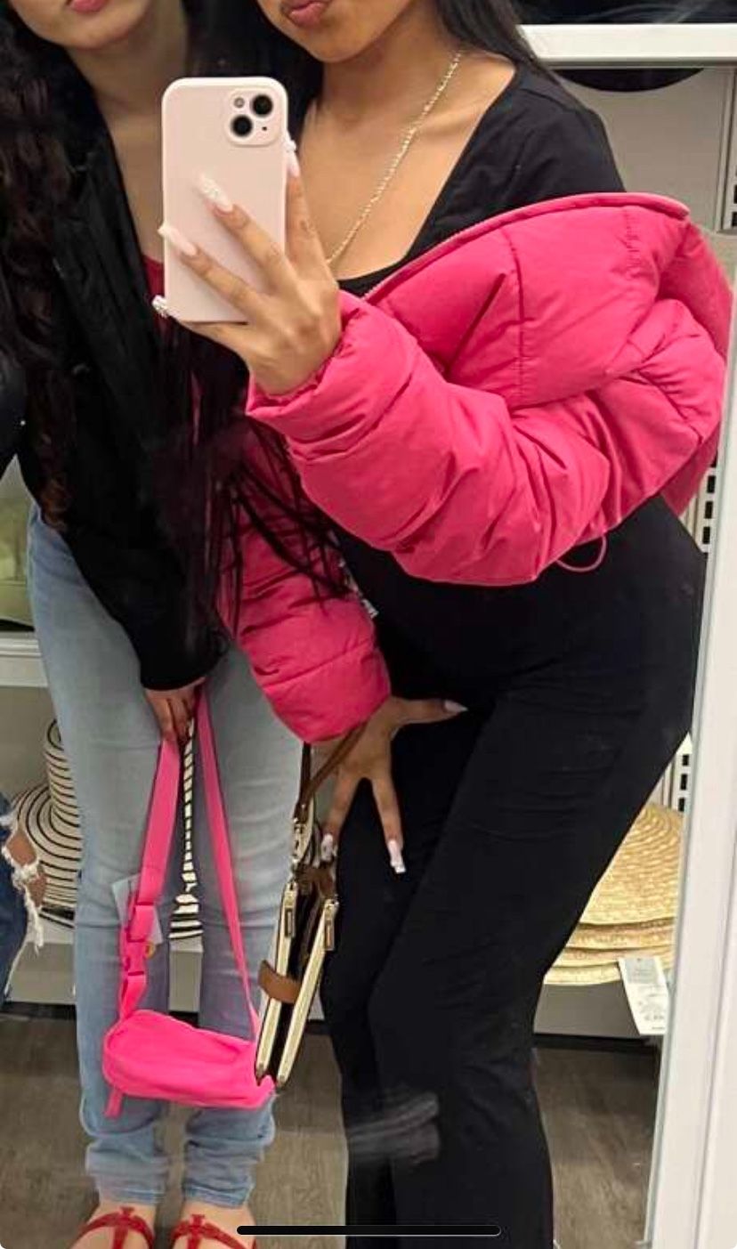 pink cropped puffer jacket