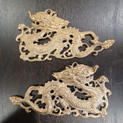Vintage Ornate Brass Wall Hanging Chinese Dragons (2) $75