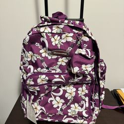 New Hawaiian Print Purple Rolling Wheeled Backpack 