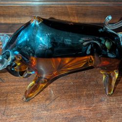 Murano Style Amber Mouth Blown Italian Art Glass Bull