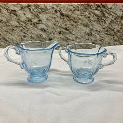  Vintage Fostoria Glass Co Creamer & Sugar Baroque Blue Azure Set 
